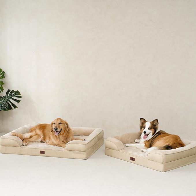 EHEYCIGA Orthopedic Dog Beds for Extra Large Dogs, Waterproof Memory Foam XL Pet Bed with Sides, Non-Slip Bottom and Egg-Crate Foam Big Dog Couch Bed with Washable Removable Cover, Greige