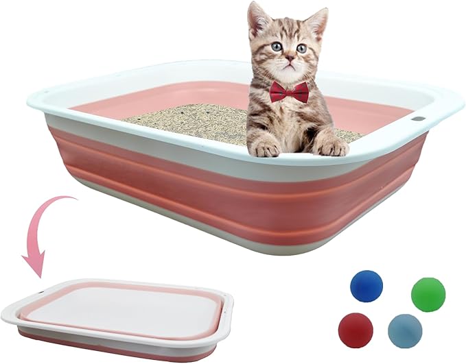 Foldable Cat Litter Box Open Potty Pan Portable Collapsible Cats Litter Boxs Travel Kitten Pan with Scoop Waterproof Low Entrance for Kitten and Easy Clean 17.7"×13.4"x4.9"(Pink)