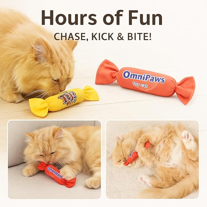Catnip Candy Toys for Indoor Cats – 3-Pack Crinkle Cat Toys with Catnip Pouches, Durable Canvas & Soft Filling, Cat Chew Toys for Kittens & Adults (Yellow)