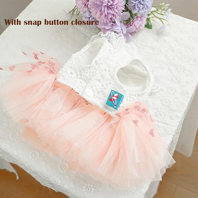 Pink Dog Dress for Small Dog Girl Spring Puppy Clothes with Bow Puff Sleeves Cat Outfit Doggy Princess with Leash Ring Doggies Harness Dress Summer Pet Apparel (Pink White, Medium)