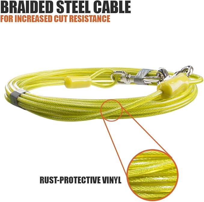 BV Dog Tie Out Cable 15 Feet - Heavy Duty Dog Lead Up to 35 Pounds - Reflective & Rust-Free with Quick Release Swivel Clips & 360° Rotating Clasp - Tangle-Free Dogs Runner for Yard (Yellow, Single)