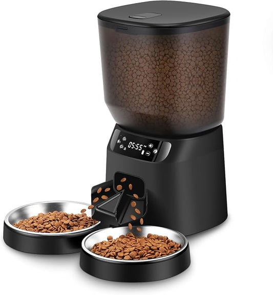 Automatic Cat Feeders for Two Cats, 5L/20 Cups Double Automatic Cat Food Dispenser with 2 Stainless Bowls, Timer Setting 20 Portions 6 Meals Per Day, 10s Meal Call, Pet Feeder for Dog (Black)