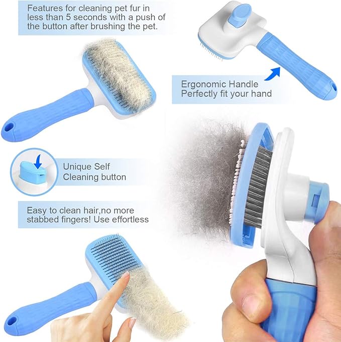 Self Cleaning Slicker Brush,Dog Brush & Cat Brush with Massage Particles,Removes Loose hair & Tangles,Skin Friendly & Promote Circulation-Blue 1