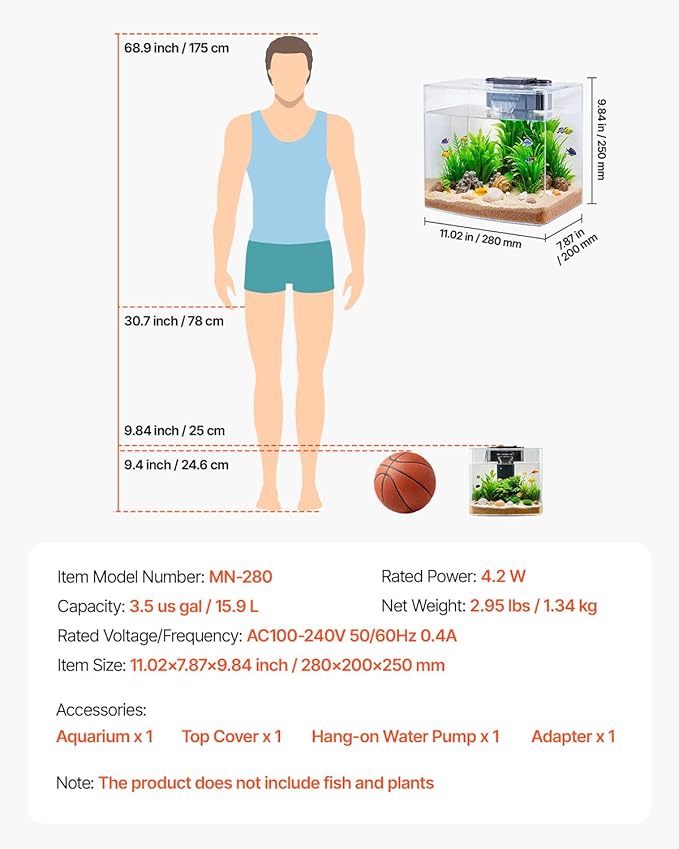 VEVOR Fish Tank Aquarium, 3.5 Gallon Arch Ultra-Clear GPPS Starter Smart Tank Adjustable 3 Color Lighting, Self Cleaning System Fishbowl for Freshwater & Saltwater Fish Home, Office, or Pet Use