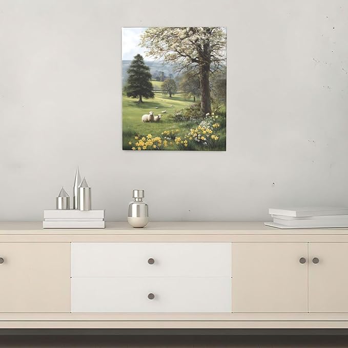 Country Sheep Canvas Wall Decor Farmhouse Rustic Lamb Wildflower Wall Art Nature Countryside Landscape Pictures Painting Print Framed Artwork Decorations for Bathroom Living Room Bedroom 24"x20"