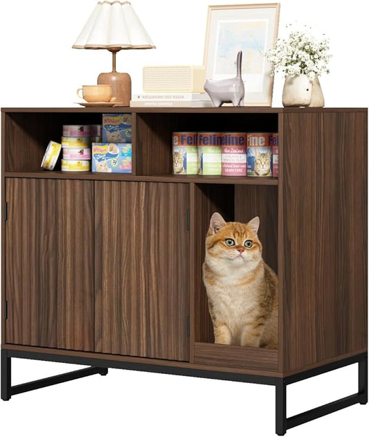 Cat Litter Box Enclosure, Large Hidden Pet Storage Cabinet Furniture with Waveform Fluted Doors & Scratching Pad, Modern Wooden Cat House Indoor for Washroom, Living Room, Bedroom, Rustic Brown
