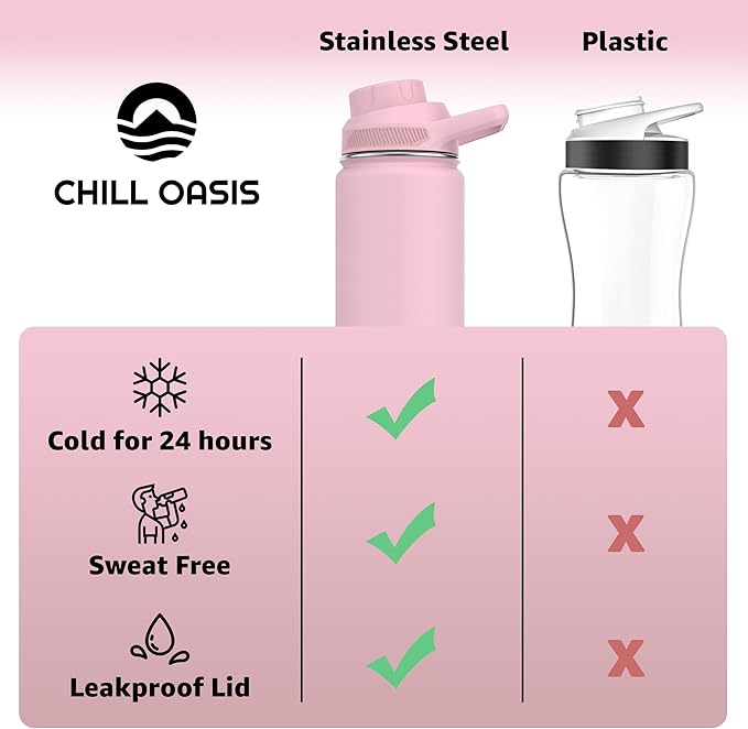 Chill Oasis Water Bottle | Compatible With Popular Flavor Cartridges | BPA Free, Leak Proof, Double-Walled Vacuum Insulated Stainless Steel, and Dishwasher Safe | Cold for 24 Hours (Pink, 12oz)