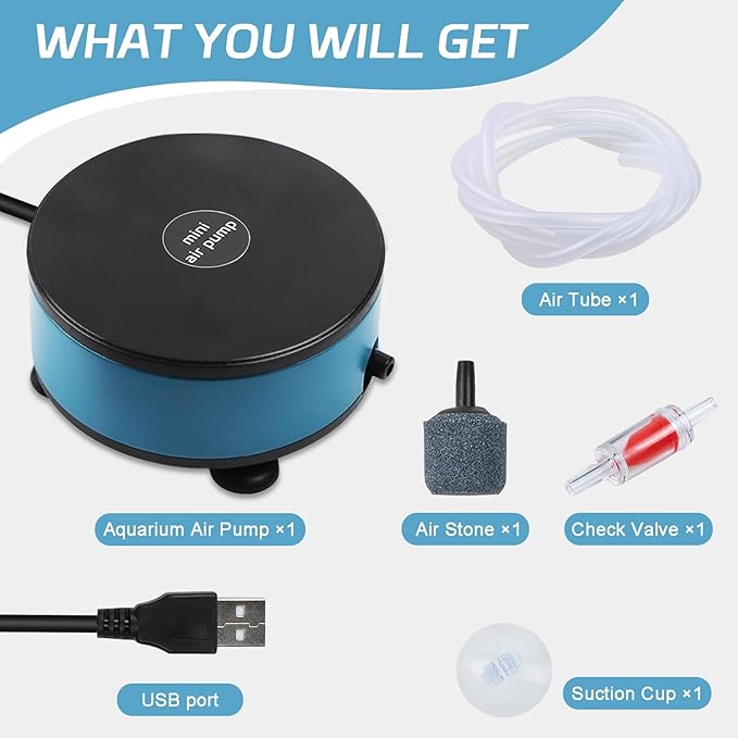 Nano Silent Aquarium Air Pump, Portable USB air Pump with Accessories, Suitable for 1-15 Gallon Fish Tanks, 200ml per Minute