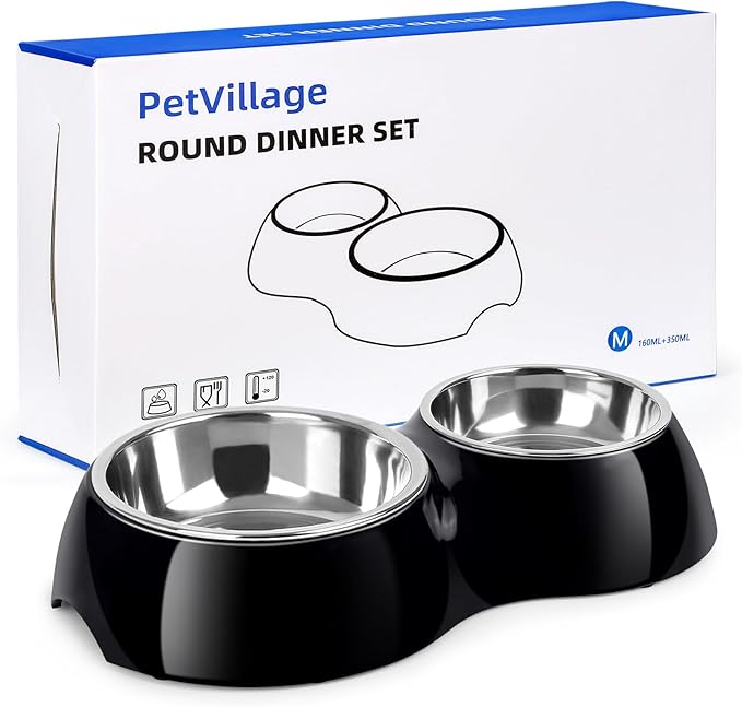 Double Dog Bowls Set – Non-Slip Pet Food & Water Dishes with Resin Stand, Includes Small (1 Cup) & Medium (2 Cups) Bowls – Ideal for Puppies, Cats, and Medium Dogs –Black
