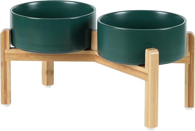 Ceramic Raised Double Bowls Set with Stand, Food & Water Bowls for Medium Breed Dogs, Weighted Dog Dishes, Pet Bowl(7.3'',41OZ, Green)