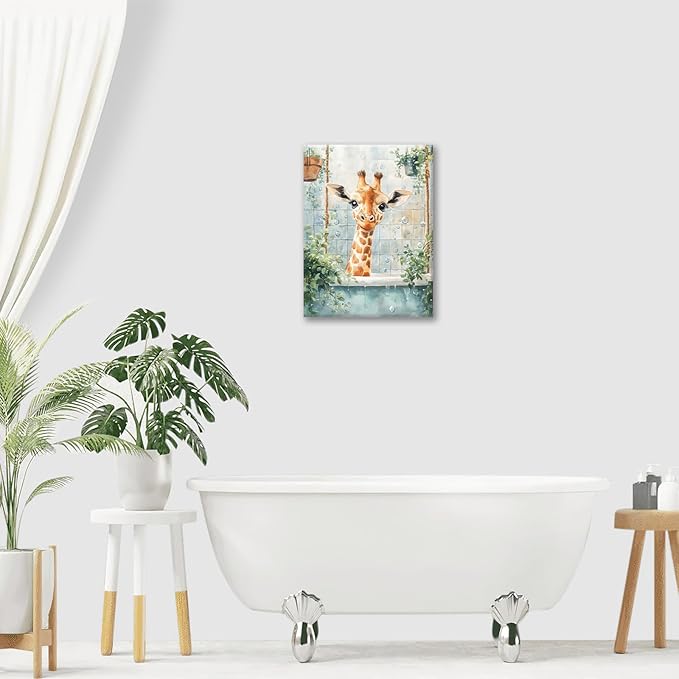 Bathroom Funny Giraffe Pictures Wall Art, Watercolor Giraffe Bathroom Wall Decor, Animal Framed Painting Canvas Artwork for Living Room Decorations 20"L x 16"W