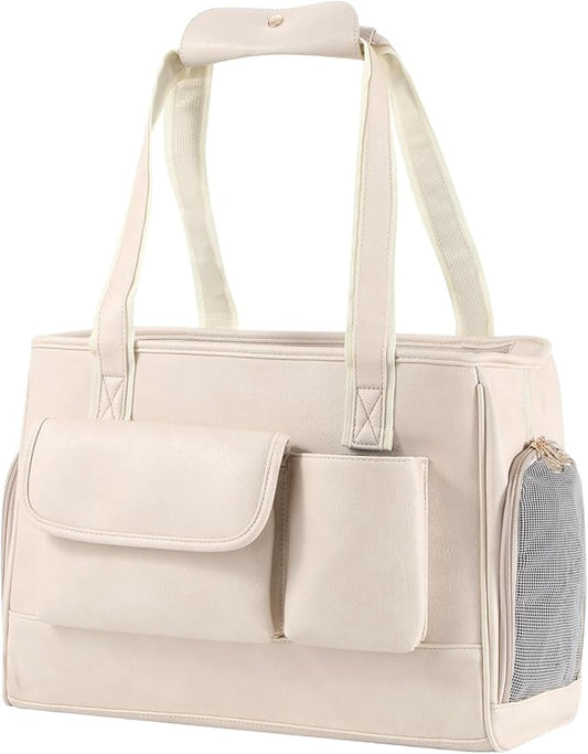 Dog Carrier Purse, Fashion Leather Pet Carrier Bag, Airline Approved Soft Sided Cat Travel Tote Bag with Pockets White