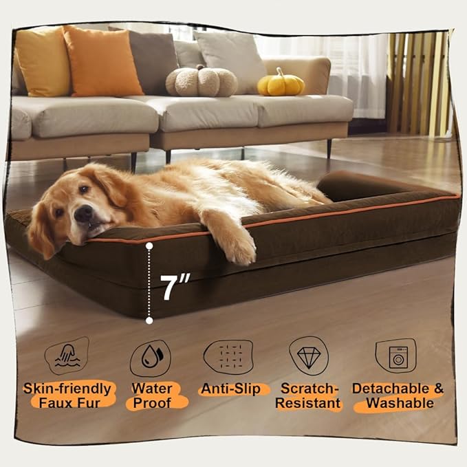 Extra Large Dog Bed-Orthopedic Waterproof XL Dog Bed for XLarge Extra Big Dogs - Foam Couch Sofa Washable with Removable Cover-Coffee