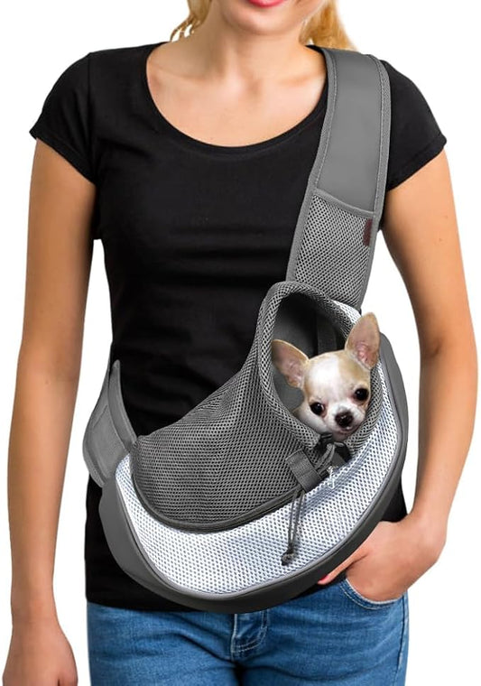 YUDODO Pet Sling Carrier for Small Dogs & Cats – Hands-Free Puppy Carrier with Safety Hook, Large Zipper Pocket, Soft Breathable Mesh, Adjustable Strap & Reflective Strip (Gray 1.0 M)