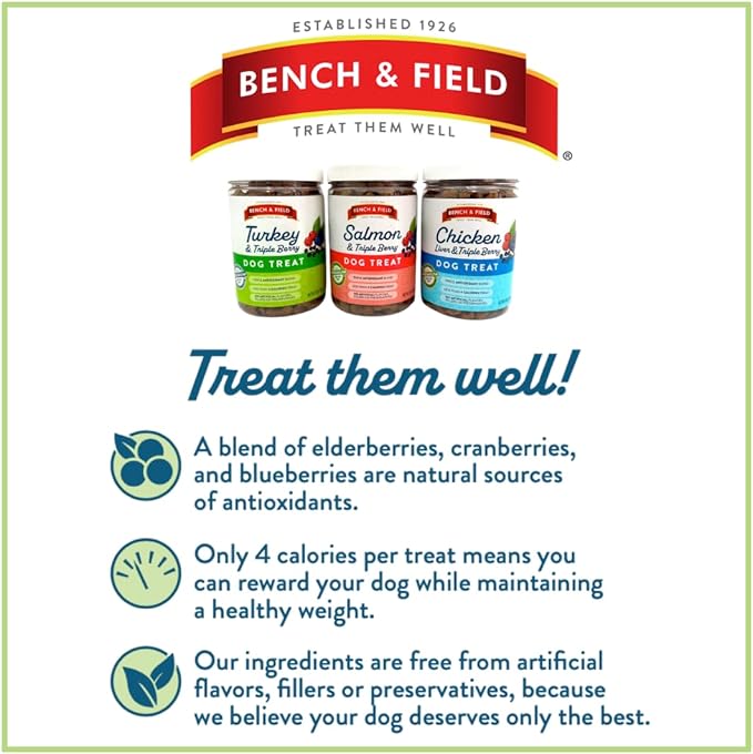 Bench & Field Holistic Natural Turkey & Triple Berry Dog Treats | Crunchy Bone-Shaped Bites | Antioxidant Blend, 10-Ounce Bottle