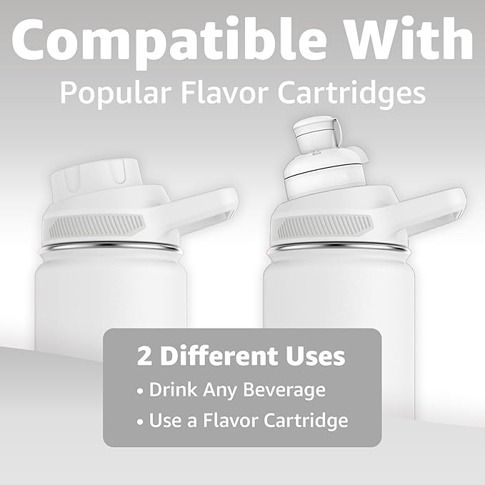 Chill Oasis Water Bottle | Compatible With Popular Flavor Cartridges | BPA Free, Leak Proof, Double-Walled Vacuum Insulated Stainless Steel, and Dishwasher Safe | Cold for 24 Hours (White, 22oz)