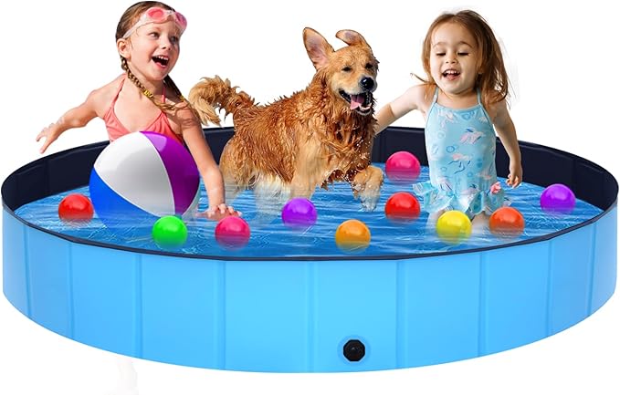 Foldable Dog Pool - 63" x 12" Anti-Slip Portable Dog Swimming Pool, Hard Plastic Collapsible Kiddie Pool for Outdoor and Indoor for Pets Dogs Cats and Kids