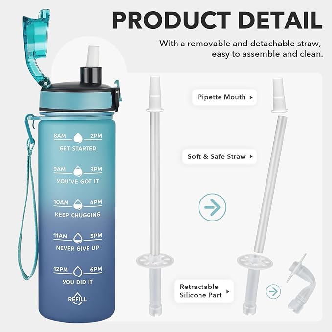 Enerbone Water Bottle, Leakproof BPA & Toxic Free, Motivational Water Bottle with Times to Drink and Straw, Fitness Sports Water Bottle with Strap for Office, Gym, Outdoor Sports