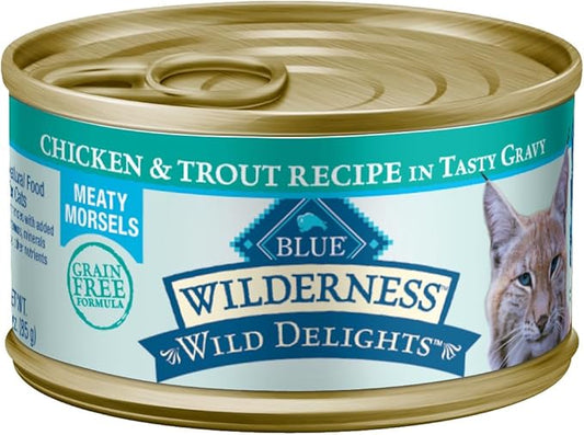 Blue Buffalo Wilderness Wild Delights Meaty Morsels Wet Cat Food, High-Protein & Grain-Free, Made with Natural Ingredients, Chicken & Trout Recipe in Tasty Gravy, 3-oz. Cans (24 Count)