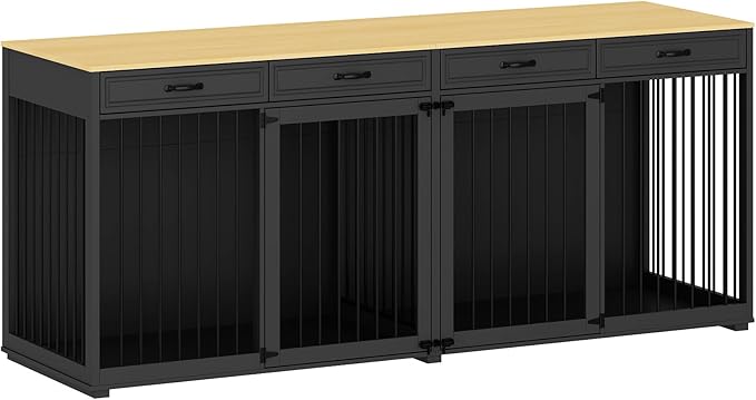 Extra Large Dog Crate with Double Rooms, 93" Heavy Duty Wooden Dog Cage Furniture Dog Crate Kennel w/Drawers & Removable Divider,Indoor Luxury Dog House for Large Dogs,Black