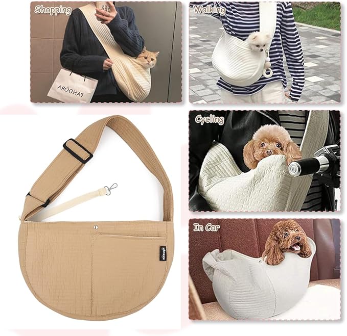 NATUYA Small Dog Carrier Sling Cat Sling, Adjustable Strap Comfy Stylish Puppy Pouch with Big Pockets for Travel Walking Subway (Brown,Adjust Strap-Canvas)