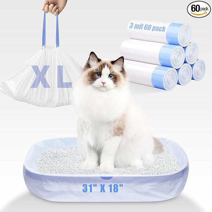60 Pack Large Cat Litter Bags - 3MIL Extra Thick Leakproof Litter Box Liners, 31"x18" Heavy Duty Drawstring Cat Litter Liners for Automatic Litter Box, Odor Control Disposable Kitty Litter Bags 6 Roll