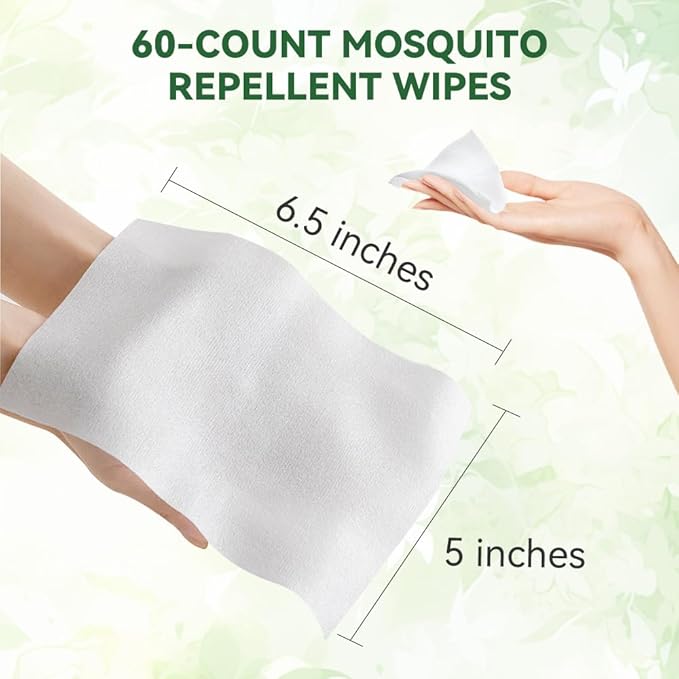 60 PCS Mosquito Repellent Wipes, Individually Wrapped Insect Repellent Wipes Made of Natural Plant-Based Essential Oils, Safe & Effective Insect Protection Perfect for Outdoor Activities, Long-Lasting