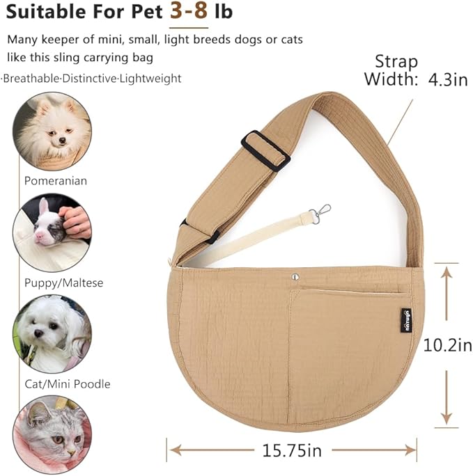 NATUYA Small Dog Carrier Sling Cat Sling, Adjustable Strap Comfy Stylish Puppy Pouch with Big Pockets for Travel Walking Subway (Brown,Adjust Strap-Canvas)