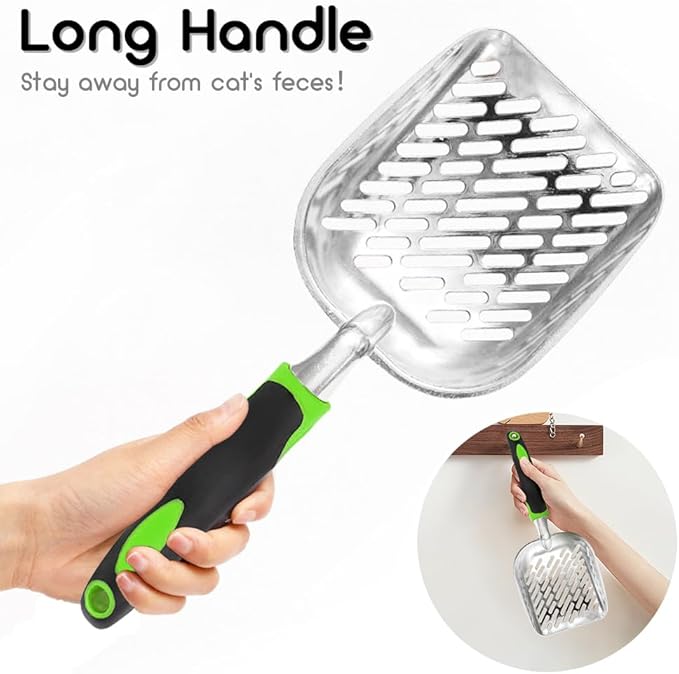 Cat Litter Scoop-Metal Cat Scooper-Long Handle Scoop,Cat Scooper-Poop Sifting-Mesh Shovel-Suitable for Cat Litter Box(Green)