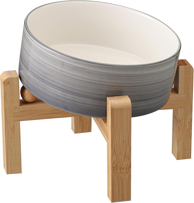 Elevated/Raised 15°Tilted Anti Slip Ceramic Dog Bowls,Slanted Bulldog Pet Food Water Feeding Dish Stand for Cats and Dogs (3.6 Cups/28 OZ) Grey White