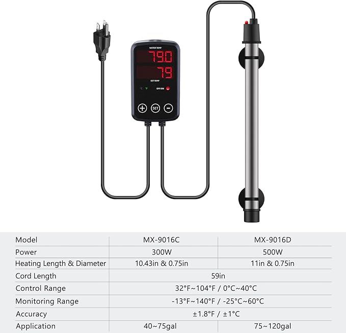 Titanium Aquarium Heater 500W, Submersible Fish Tank Heater with Digital Display Temperature Controller, 0℃-40℃ Adjustable, Fast Heating for 65 ~ 95 Gal Saltwater Freshwater Fish Tank, MX-9016(500W)