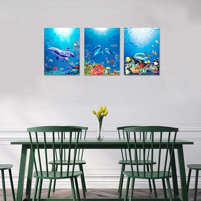 blue ocean fish 3 Pieces Framed Wall Art for Living Room Bathroom Wall Decoration Canvas Print Children's Bedroom Wall decor Office Kitchen Home Decoration Underwater World Watercolor Painting