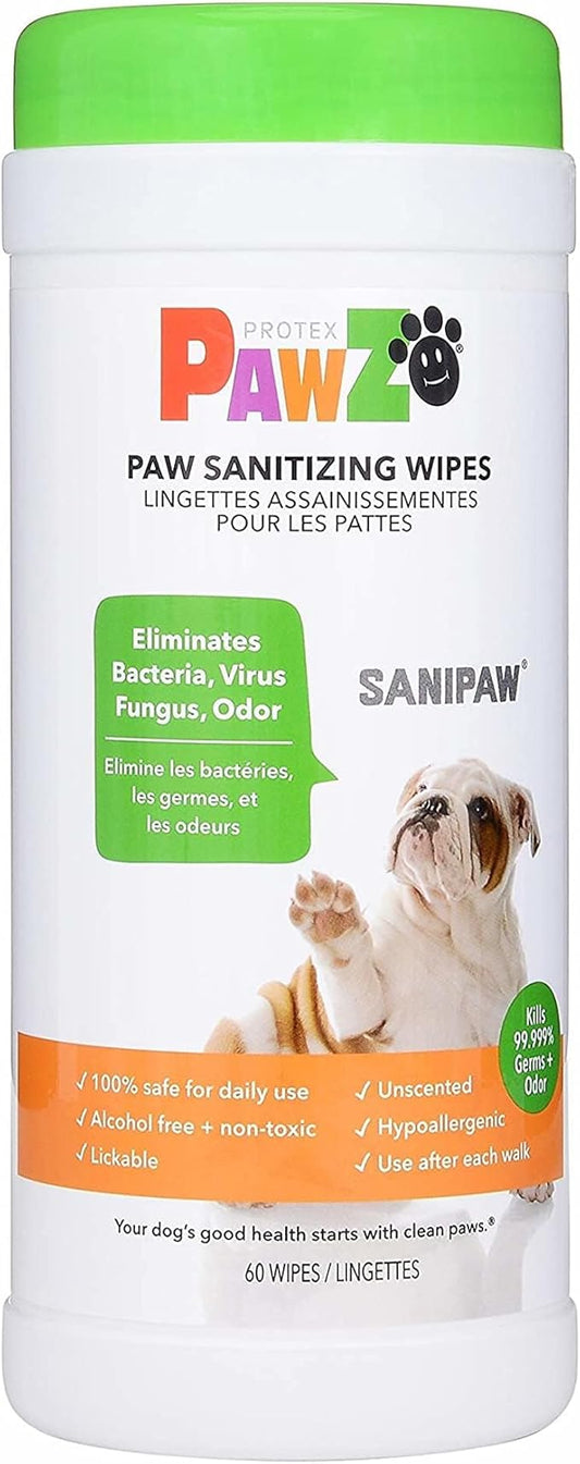 Protex PawZ SaniPaw Odor Eliminating Dog Paw Wipes (60 Wipes) Cleansing Dog Grooming Wipes, Simple & Safe Lickable Ingredients - Paw Cleaner for Dogs, Pet Wipes