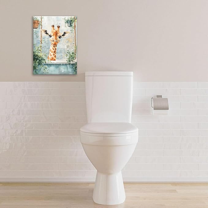 Bathroom Funny Giraffe Pictures Wall Art, Watercolor Giraffe Bathroom Wall Decor, Animal Framed Painting Canvas Artwork for Living Room Decorations 20"L x 16"W