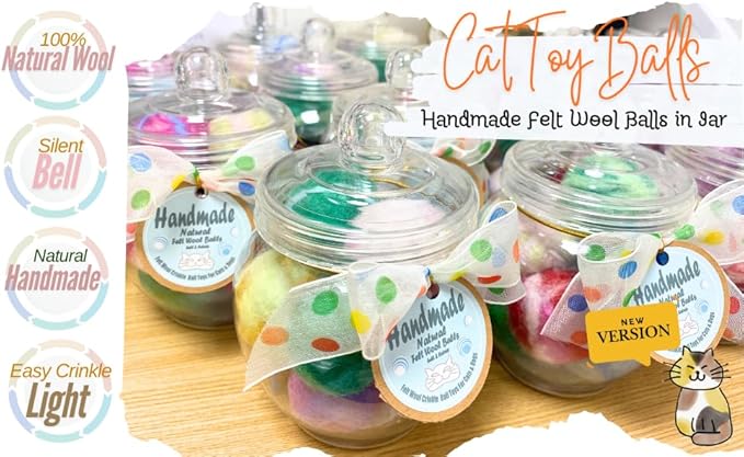 Felt Wool Cat Toys Ball with Catnip and Bell, Natural Handmade cat Toys Ferret Toys cat Gift Basket (Felt Wool Mixed in Jar)