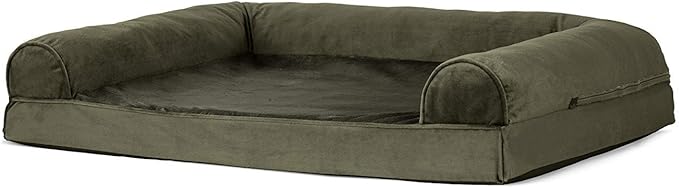 Furhaven Orthopedic Dog Bed for Large/Medium Dogs w/ Removable Bolsters & Washable Cover, For Dogs Up to 55 lbs - Faux Fur & Velvet Sofa - Dark Sage, Large