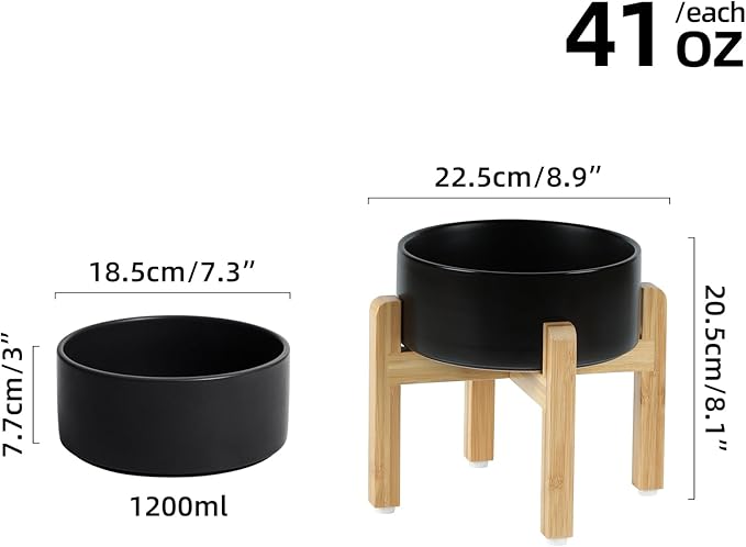 Ceramic Raised Dog Bowl Set, Elevated Dog Bowl with Stand, Food and Water Bowl for Medium Breed Dogs, Weighted Dog Dishes, Pet Bowl(7.3'',41OZ, Black)