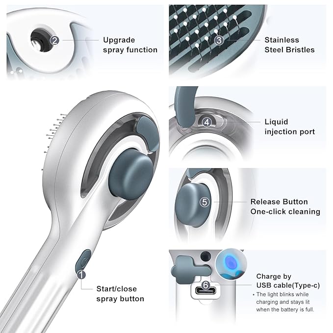 Cat Steam Brush for Indoor Cats – 3-in-1 Grooming Tool with Water Spray, Self-Cleaning Hair Comb for Long & Short Haired Cats and Dogs