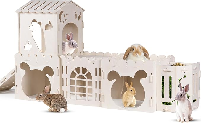 Extra Large Rabbit House, Wooden Bunny House Hideout with 4 Houses and Hay Feeder Indoor, Rabbit Guinea Pig Hideout Multistory Climbing Tower Sturdy Wooden Castle, Small Animal Hideaway Tunnel