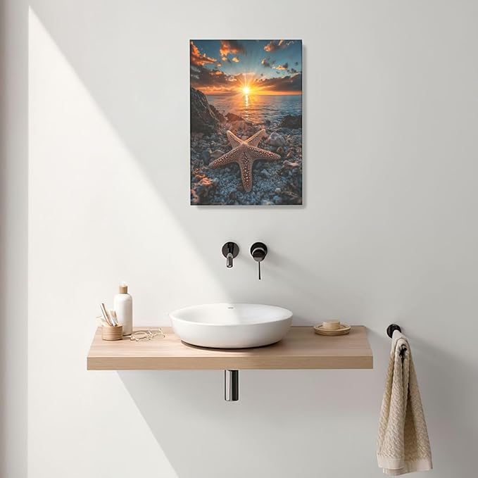 Beach Starfish Wall Decor Ocean Starfish Wall Art Sunset Scenery Coastal Theme Pictures Canvas Nature Seascape Painting Print Framed Artwork Decorations for Home Bathroom Living Room Bedroom Office 16"x24"