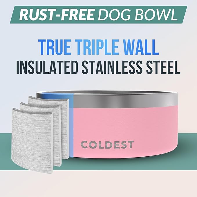 Coldest Dog Bowl - Anti Rust Metal, Non Slip, 3 Layers Insulated Stainless Steel Dog Bowls - Spill Proof & Heavy Duty - Water Bowl for Dogs, Cats & Pets, Dish Washer Safe (100 oz, Cotton Candy Pink)