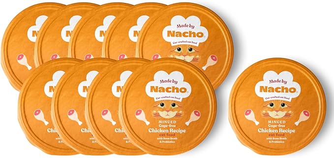Made by Nacho Wet Cat Food, Cage-Free Minced Chicken in Bone Broth for Hydration with Prebiotics for Digestive Health, High Protein, 2.5oz Cups (10 Pack), Limited Ingredients
