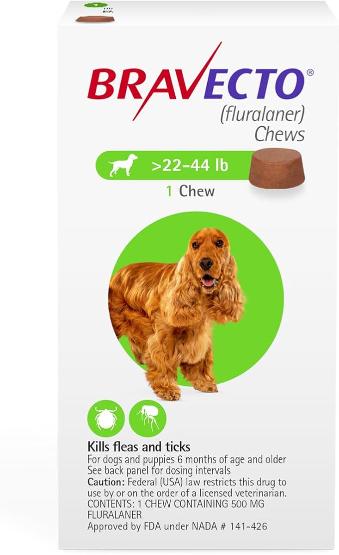 BRAVECTO Chew for Dogs, Flea & Tick, 1 Chew, 12 Week Supply, 22-44 lbs., Green Box