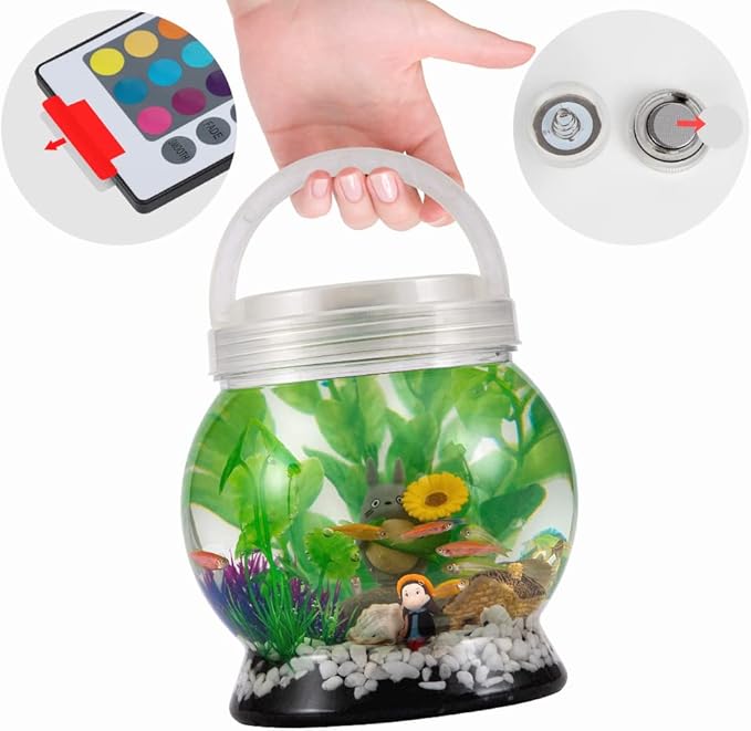 Small Betta Tetra Fish Tank Decorations Set-Aquarium with 20 Color LED Lighting,Fish Night Light Aquarium for Kids,0.5-Gallon,Transparent