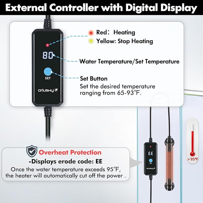 Orlushy 25W Submersible Mini Fish Tank Heater, Adjustable Aquarium Heater with Digital Display External Controller, Overheat Protection and Free Thermometer for 1-5 Gallon Freshwater & Saltwater Tank