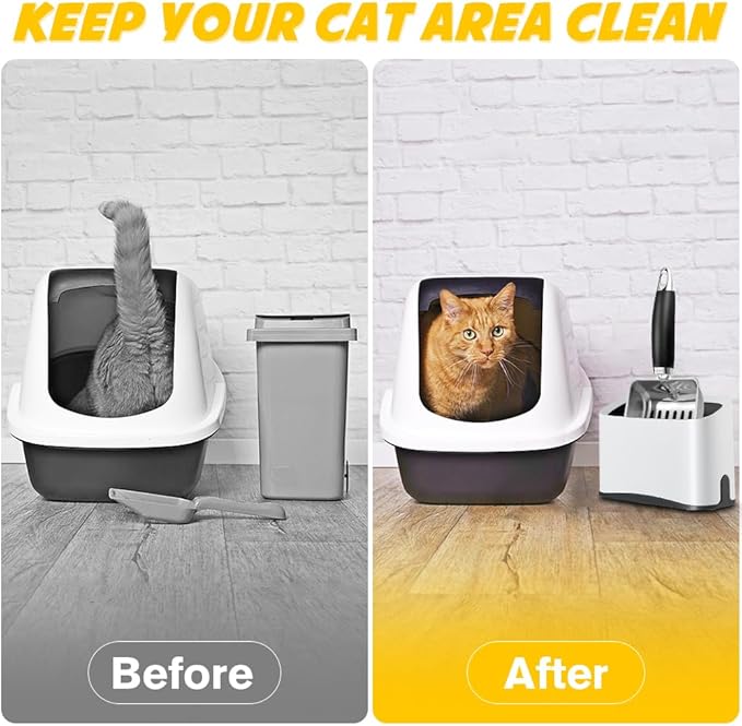 Cat Litter Scooper with Holder, Stainless Steel Cat Litter Scoop, Kitty Poop Scooper Stand for Litter Box, Cat Caddy for Litter Scoop, Fast Sifting Kitty Poop Scooper Caddy Poop Scooper Stand