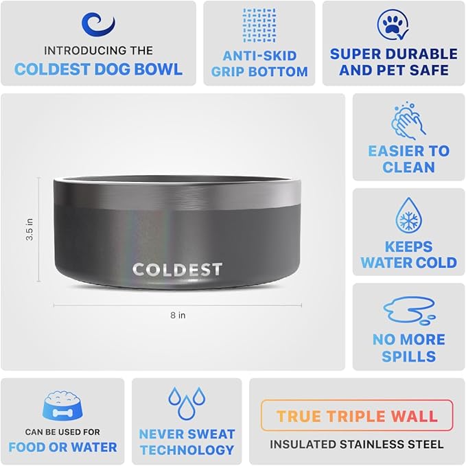 Coldest Dog Bowl - Anti Rust Metal, Non Slip, 3 Layers Insulated Stainless Steel Dog Bowls - Spill Proof & Heavy Duty - Water Bowl for Dogs, Cats & Pets, Dish Washer Safe (64 oz, Stardust Glitter)