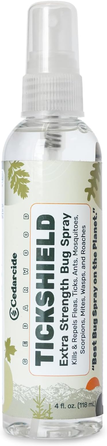 Cedarcide Extra- Strength Tickshield | Deep Woods Cedar Oil Tick & Mosquito Repellent Spray Kills & Repels Ticks, Fleas, Chiggers and Mosquitoes| For People & Pets | Natural Essential Oils | 4 Oz