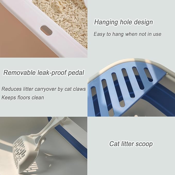 Collapsible Small Cat Litter Box,Kitten Open Potty Pan with Scoop Cat Toilet with Falling Sand Pedal Low Entrance Foldable Kittens Travel Litter Box Blue