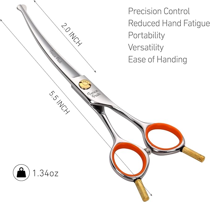 Fenice Peak 5'' Small Curved Scissors Lightweight Dog Cat Grooming Scissors with Safety Round Tip JP440C Stainless Steel Sharp Blades for Body Facial Nose Ear and Paw Hair Easy Use